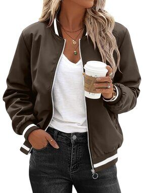 Women's Coffee Polyester Zip Up Sweatshirt Long Sleeve Casual Bomber Jacket